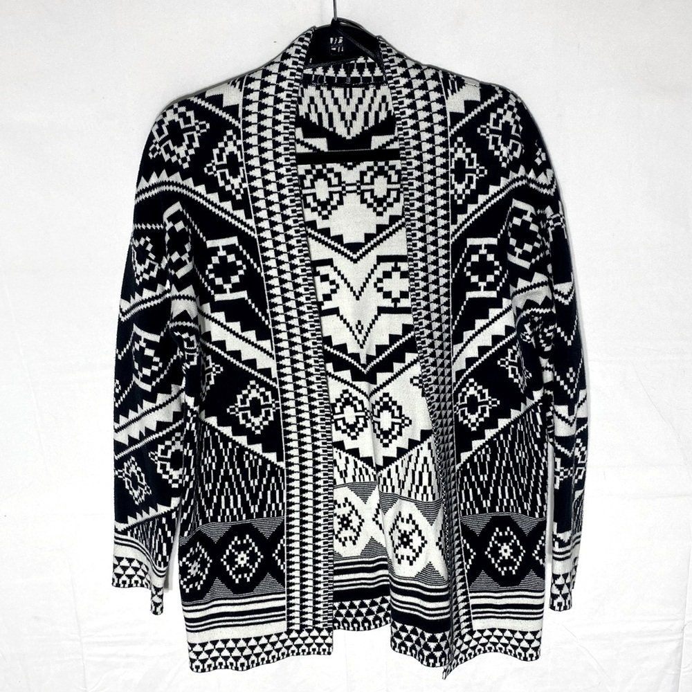 5/$25 California Moonrise Black White Multi Print Knit Open Front Cardigan M